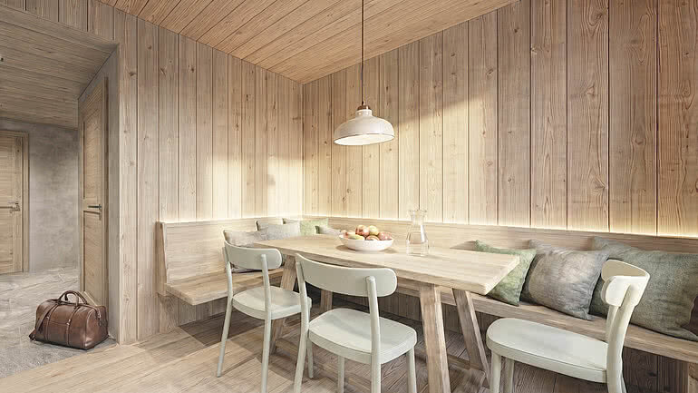 Rendering einer Tischgarntitur mit Eckbank in den neuen Zimmern im Tauernhof