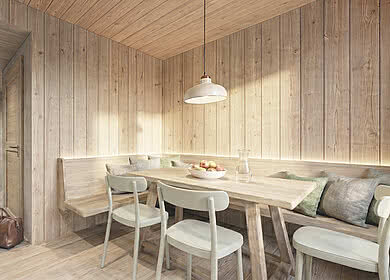 Rendering einer Tischgarntitur mit Eckbank in den neuen Zimmern im Tauernhof