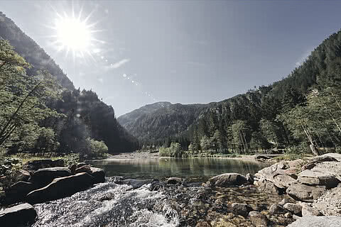 Idyllische Berglandschaft am Talschluss nahe dem Hotel Tauernhof Großarl mit einem klaren Gebirgsbach, umgeben von dichten Wäldern und sonnigen Berggipfeln.