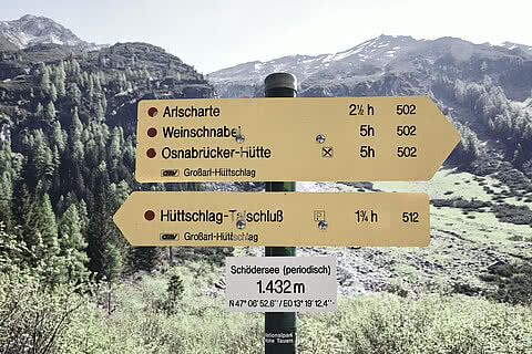 Ein Wegweiser mit Wanderzielen und Gehzeiten steht vor einer alpinen Landschaft mit Bergen, erreichbar von dem Hotel Tauernhof in Großarl.