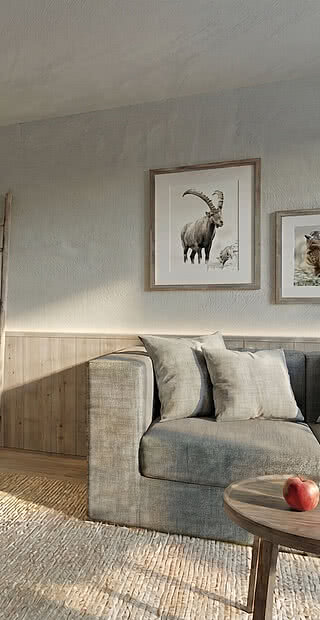 Rendering eines neuen Zimmers mit Couch im Tauernhof