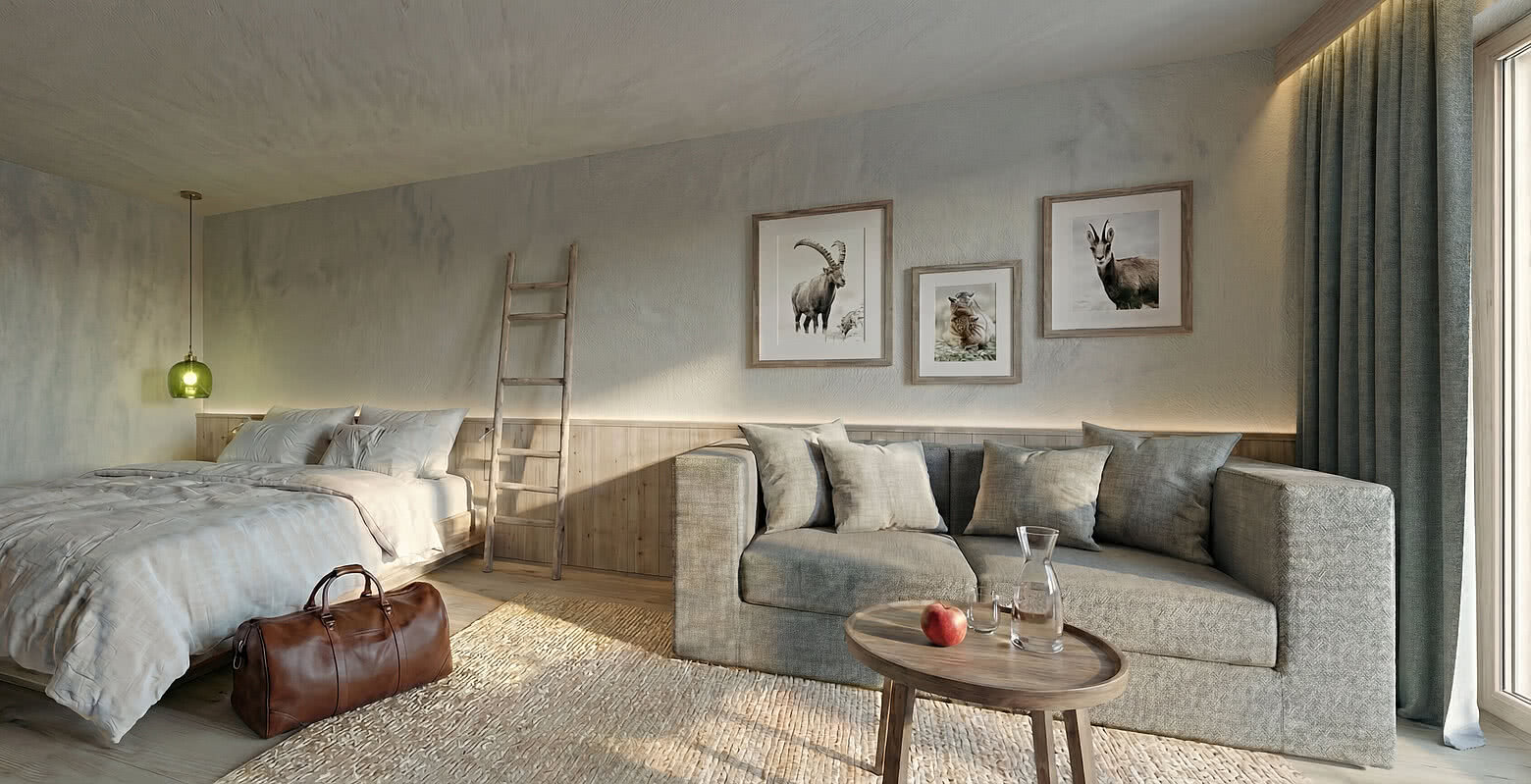 Rendering eines neuen Zimmers mit Couch im Tauernhof