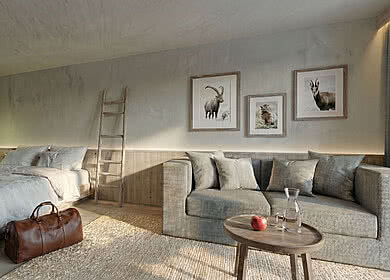 Rendering eines neuen Zimmers mit Couch im Tauernhof