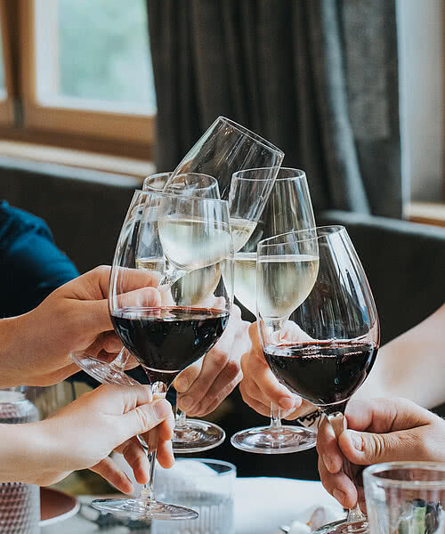 Gruppe stoßen beim Essen mit Wein an